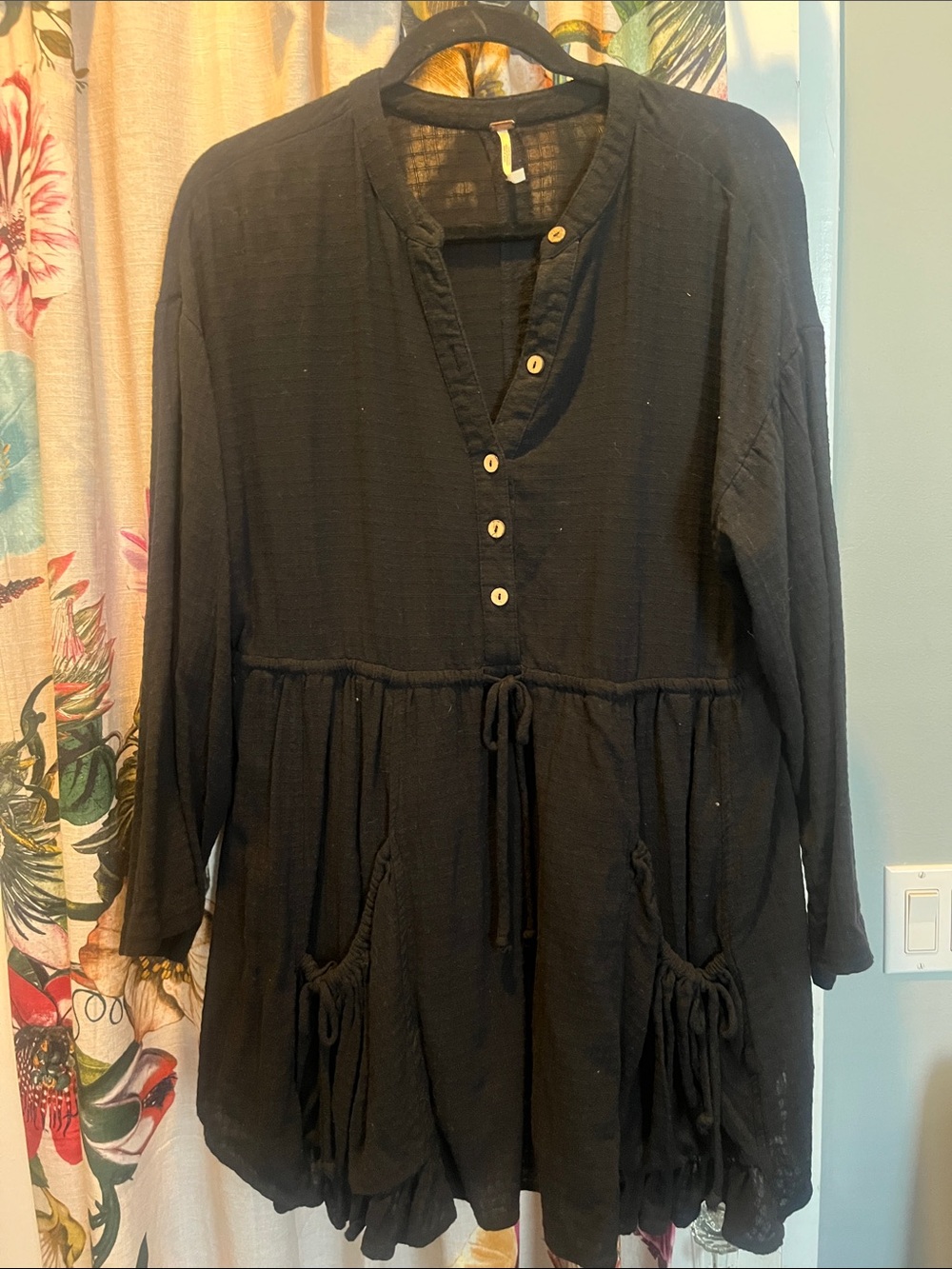 Free People Black Mini Dress with Button Front 100% cotton